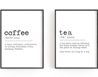 Definición de té de café · Conjunto de 2 · Signo de cocina divertido · Arte de pared imprimible · Signo de té · Regalo de té · Impresiones de alimentos, Decoración de cocina, Archivos digitales