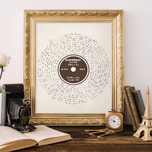 May include: A framed print of a vintage record with a handwritten lyric design. The record label features the text "Elvis Presley, Can't Help Falling in Love, 33 RPM, Side A, Wedding Date October 1958".