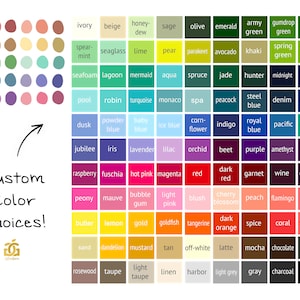 Puede incluir: Una carta de colores con 144 muestras de colores diferentes, cada una con un nombre. Los colores est&aacute;n dispuestos en filas y columnas, y los nombres se enumeran debajo de cada muestra. La carta est&aacute; etiquetada como "Custom Color Choices!" en la parte inferior.