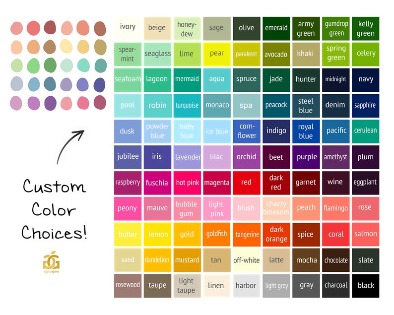 Puede incluir: Una carta de colores con 144 muestras de colores diferentes, cada una con un nombre. Los colores est&aacute;n dispuestos en filas y columnas, y los nombres se enumeran debajo de cada muestra. La carta est&aacute; etiquetada como "Custom Color Choices!" en la parte inferior.