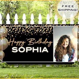Custom Happy Birthday Banner Personalized • Birthday Banner With Picture • Personalized Birthday Banner Backdrop, Gold Happy Birthday Vinyl