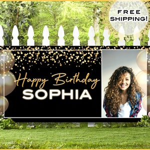 Custom Happy Birthday Banner Personalized • Birthday Banner With Picture • Personalized Birthday Banner Backdrop, Gold Happy Birthday Vinyl