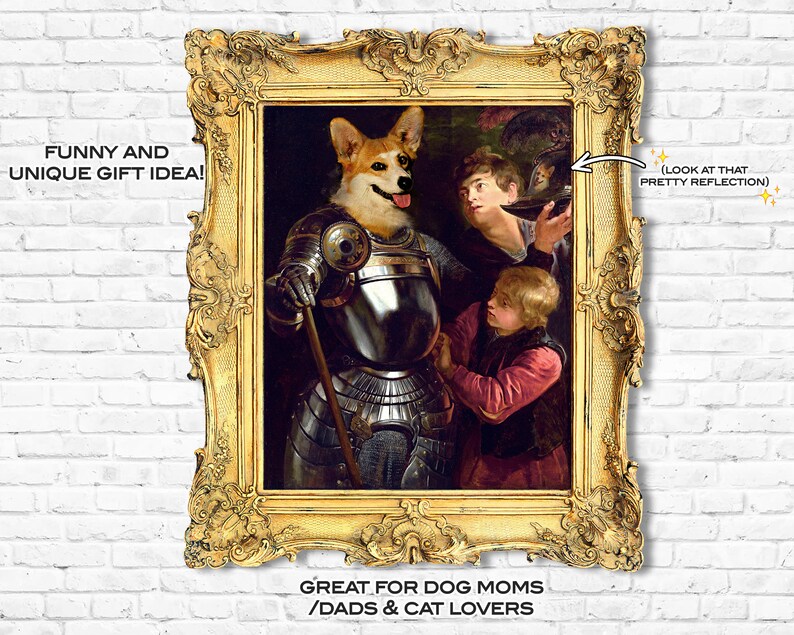 K&ouml;nnte beinhalten: Ein humorvolles digitales Gem&auml;lde eines Corgis, der als Ritter in gl&auml;nzender R&uuml;stung verkleidet ist. Der Corgi steht vor zwei Personen, eine h&auml;lt einen Helm und die andere schaut den Corgi an. Das Gem&auml;lde ist in einem goldenen Rahmen gerahmt.