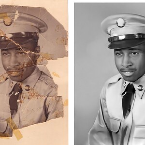 Pu&ograve; includere: Una fotografia in bianco e nero di un uomo in uniforme militare. Indossa un cappello con un distintivo e una cravatta. La foto &egrave; leggermente sbiadita e presenta alcuni danni.