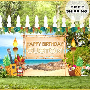 Custom Hawaiian Birthday Banner Personalized •  Aloha Hawaii Birthday Backdrop • Lei Party Luau • Hawaiian Theme Party, Happy Birthday Vinyl