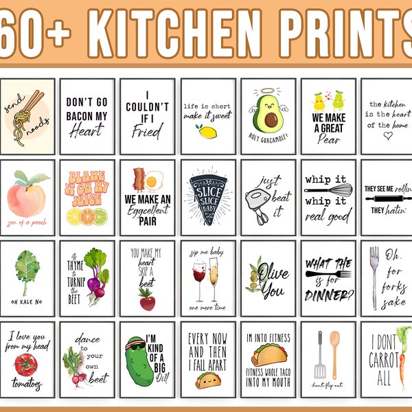 60 Kitchen Prints Set · Food Pun Signs, Set of 60 Funny Kitchen Printables, Cute Printable Wall Art, Cute Kitchen Decor, Food Print Wall Art