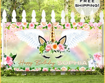 Custom Unicorn Birthday Banner Personalized, Unicorn Birthday Party, Unicorn Theme Decorations, Floral Backdrop, Pink Rainbow Birthday Vinyl