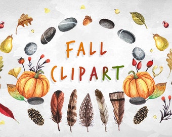 Clipart autunno acquerello, Clipart autunno, Clipart foglie, Clipart del Ringraziamento, Zucche, Clipart raccolto, Clipart piume, Download istantaneo