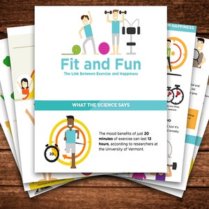 K&ouml;nnte beinhalten: Eine farbenfrohe Infografik mit dem Titel "Fit and Fun: Der Zusammenhang zwischen Bewegung und Gl&uuml;ck" mit Illustrationen von Menschen, die Sport treiben. Der Text "Was die Wissenschaft sagt" ist blau hervorgehoben. Die Infografik besagt, dass die positiven Auswirkungen von nur 20 Minuten Bewegung auf die Stimmung bis zu 12 Stunden anhalten k&ouml;nnen.