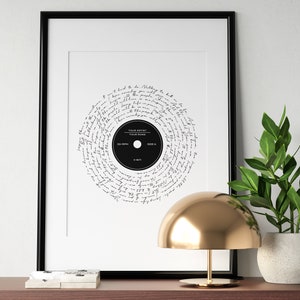 May include: A black framed print of a vinyl record with handwritten lyrics in a circular pattern. The record label says "YOUR ARTIST" and "YOUR SONG".