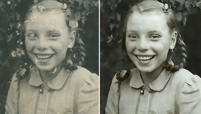 Pu&ograve; includere: Una fotografia in bianco e nero di una ragazza giovane con i capelli intrecciati, sorridente. La foto &egrave; sbiadita e presenta alcuni danni.