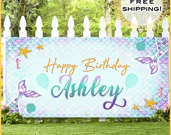 Custom Mermaid Birthday Banner Personalized • Mermaid Birthday Party • Party for Girl •  Mermaid Backdrop • Under the Sea Party Vinyl Banner