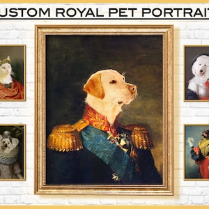 K&ouml;nnte beinhalten: Eine Collage aus vier individuellen Haustierportraits im Stil k&ouml;niglicher Portr&auml;ts. Jedes Portr&auml;t zeigt ein anderes Haustier, darunter eine Katze, einen Hund und zwei Pudel, die in aufwendige Kost&uuml;me gekleidet sind und vor einem Hintergrund stehen, der an ein klassisches Gem&auml;lde erinnert.