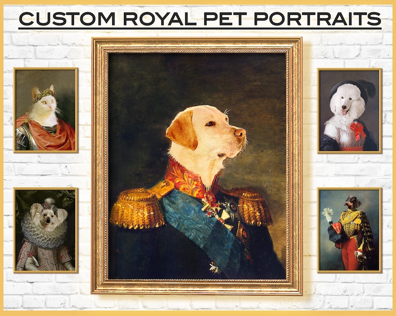 K&ouml;nnte beinhalten: Eine Collage aus vier individuellen Haustierportraits im Stil k&ouml;niglicher Portr&auml;ts. Jedes Portr&auml;t zeigt ein anderes Haustier, darunter eine Katze, einen Hund und zwei Pudel, die in aufwendige Kost&uuml;me gekleidet sind und vor einem Hintergrund stehen, der an ein klassisches Gem&auml;lde erinnert.