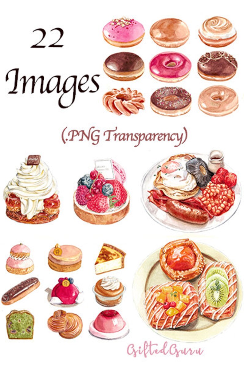 May include: Watercolor illustrations of various pastries and breakfast items. The image includes donuts, tarts with berries, a plate of breakfast with eggs and sausage, and other baked goods. The text "22 Images" is at the top.