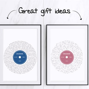 May include: Two framed prints of song lyrics arranged in a circle to resemble a vinyl record. The print on the left has a blue circle in the center with the text "His Song" and the year "1999". The print on the right has a pink circle in the center with the text "Her Song" and the year "1999".