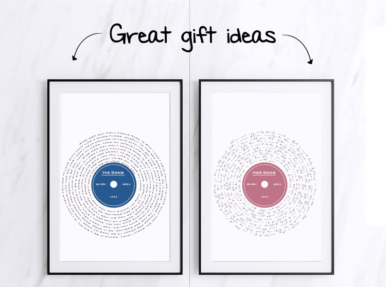 May include: Two framed prints of song lyrics arranged in a circle to resemble a vinyl record. The print on the left has a blue circle in the center with the text "His Song" and the year "1999". The print on the right has a pink circle in the center with the text "Her Song" and the year "1999".