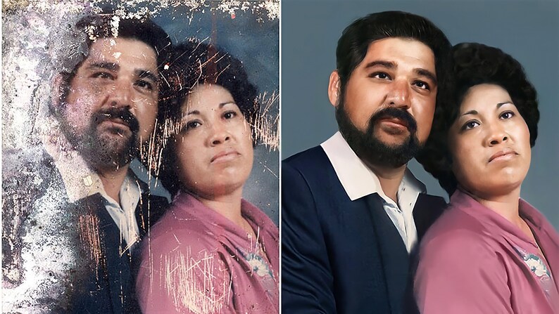 Pu&ograve; includere: Una fotografia a colori restaurata di una coppia, un uomo e una donna, in piedi uno accanto all'altro. L'uomo indossa una giacca di un completo blu e una camicia bianca con colletto. La donna indossa una blusa rosa. Entrambi guardano la fotocamera.