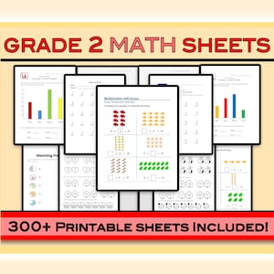 Puede incluir: Una colección de hojas de trabajo de matemáticas imprimibles para segundo grado. Las hojas de trabajo cubren temas como gráficos de barras, multiplicación con arreglos y coincidencia de fracciones. El texto "300+ hojas imprimibles incluidas!" se muestra en la parte inferior de la imagen.