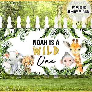 Custom Wild One Birthday Banner Personalized • Jungle Birthday Decor • Safari Theme Happy Birthday Banner Backdrop, Two Wild Birthday Vinyl