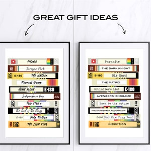 May include: Two framed prints of VHS tapes with movie titles. The left print features titles like Titanic, Jurassic Park, The Matrix, Forrest Gump, Home Alone, Independence Day, Toy Story, The Lord of the Rings, Pulp Fiction, and The Lion King. The right print features titles like Parasite, The Dark Knight, Die Hard, The Matrix, Schindler's List, Avengers: Endgame, Back to the Future, The Shawshank Redemption, Mad Max: Fury Road, and Inception.