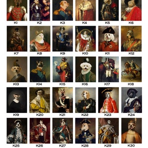 K&ouml;nnte beinhalten: Eine Collage aus 30 Bildern, die verschiedene Hunderassen in k&ouml;niglicher Kleidung zeigen, darunter Kronen, H&uuml;te und Schmuck. Die Bilder sind in einem Raster angeordnet mit dem Titel "Fit for a King" und dem Text "Details wie H&uuml;te/Kronen und Schmuck k&ouml;nnen entfernt/ge&auml;ndert werden. Sie k&ouml;nnen Ihr eigenes Gem&auml;lde/Hintergrundbild finden, um ein Haustier zu pr&auml;sentieren."