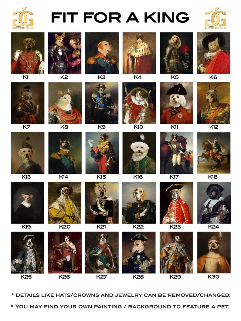 K&ouml;nnte beinhalten: Eine Collage aus 30 Bildern, die verschiedene Hunderassen in k&ouml;niglicher Kleidung zeigen, darunter Kronen, H&uuml;te und Schmuck. Die Bilder sind in einem Raster angeordnet mit dem Titel "Fit for a King" und dem Text "Details wie H&uuml;te/Kronen und Schmuck k&ouml;nnen entfernt/ge&auml;ndert werden. Sie k&ouml;nnen Ihr eigenes Gem&auml;lde/Hintergrundbild finden, um ein Haustier zu pr&auml;sentieren."