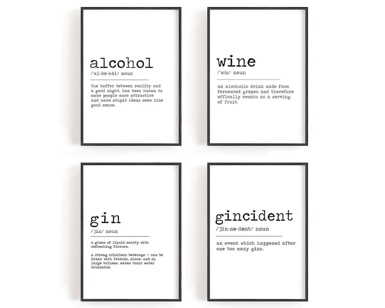 Alcohol Gin Wine Definition Print Set of 4 Funny Kitchen Etsy