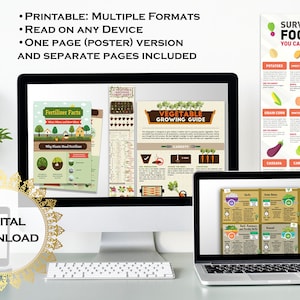 May include: A digital download of a printable vegetable growing guide with a colorful design. The guide includes information on fertilizer facts, a vegetable growing guide, and a survival foods you can grow chart. The guide is available in multiple formats and can be read on any device.