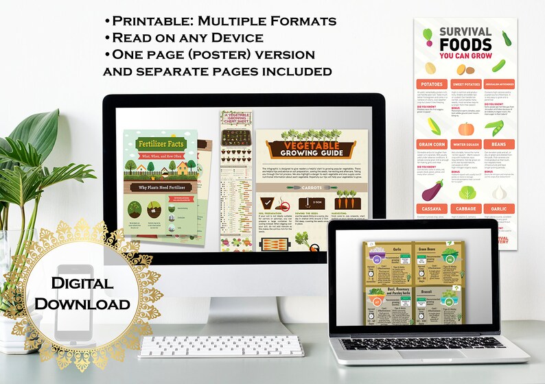 May include: A digital download of a printable vegetable growing guide with a colorful design. The guide includes information on fertilizer facts, a vegetable growing guide, and a survival foods you can grow chart. The guide is available in multiple formats and can be read on any device.