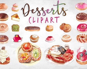 Watercolor Desserts Clipart, Donuts Clipart, Sweets Clipart, Bakery Clipart, Pastry Clipart, Doughnut Clipart, Digital Instant Download
