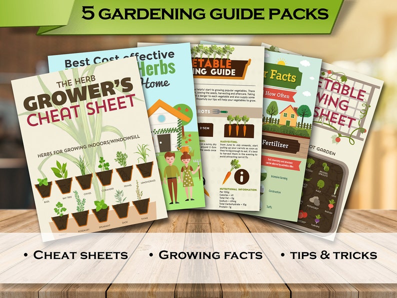 May include: Five colorful printable gardening guides with titles like "The Herb Grower's Cheat Sheet", "Vegetable Growing Guide", and "Vegetable Growing Sheet". The guides feature illustrations of herbs, vegetables, and gardening tools.