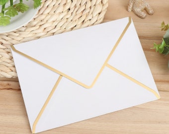 Set of 10 Luxurious Envelope with Lined Gold Foil Rims| V-Flap Invite Envelope Wedding Invitation Envelopes 4.25’’ x 7’’