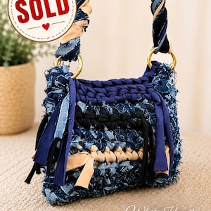 Hand crochet recycled jean purse DKNY jeans and cotton yarn