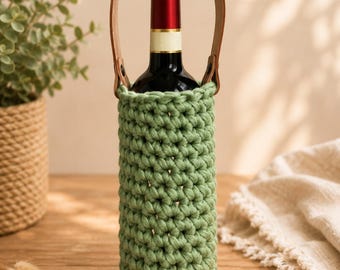 Crochet Cotton Wine Carrier with Leather Strap. Handmade.