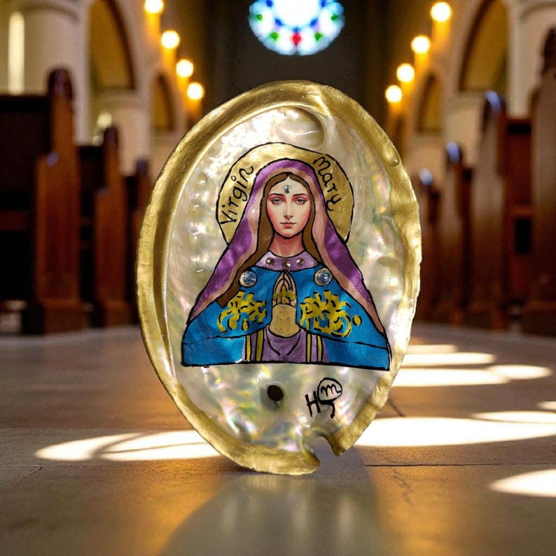 Virgin Mary Shell Hand-painted Abalone Shell: Virgin Mary & Swarovski Crystals - Catholic ...