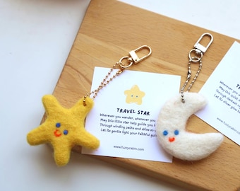 Handmade Felt Star and Moon Keychain: Travel Good Luck Charm
