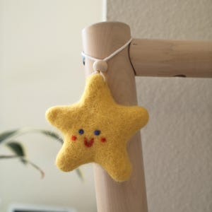 May include: A yellow felt star with a smiling face, blue eyes, and red cheeks. The star is hanging from a wooden dowel with white string.