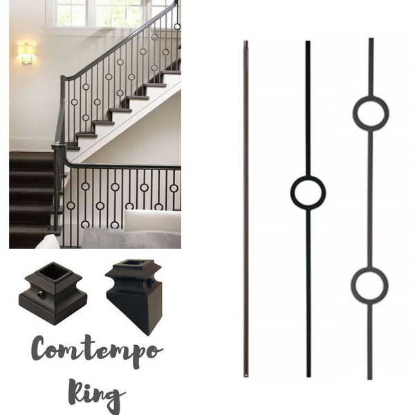 Iron Stair Balusters - Modern Ring Metal Spindles For Stairs -  Satin Black Hollow Core