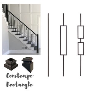 Iron Stair Balusters - Modern Rectangle Metal Spindles for Stairs - Satin Black Hollow Core Wrought Iron for Staircase