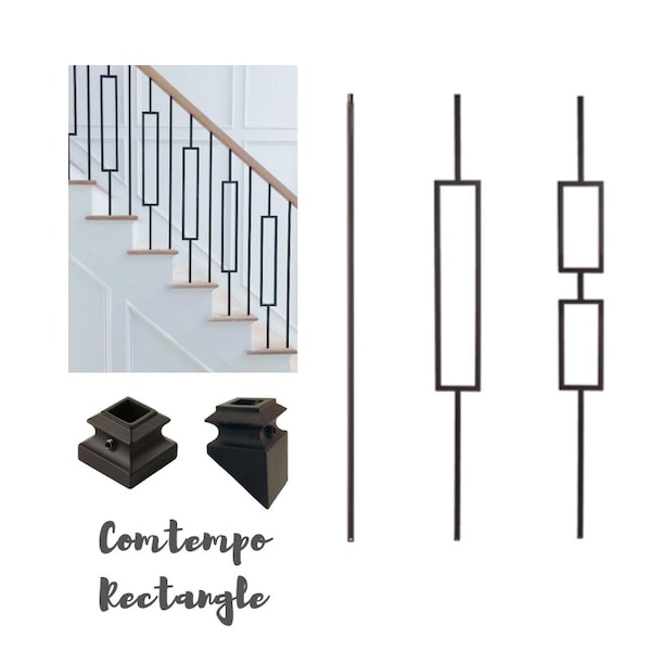 Iron Stair Balusters - Modern Rectangle Metal Spindles for Stairs - Satin Black Hollow Core Wrought Iron