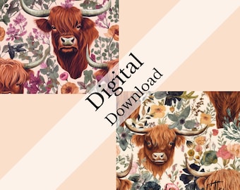 Highland Cow Seamless Pattern Bundle, Instant Download, Watercolor Farmhouse Boho Floral Pattern, with Commercial Use License