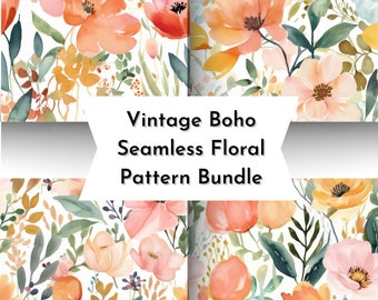 Vintage Boho Spring Floral Seamless Pattern Bundle, Instant Download, Watercolor Summer Boho Floral Pattern, with Commercial Use License