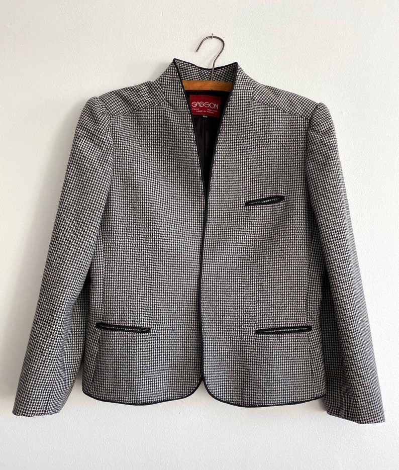 Vintage 80s SASSON Houndstooth Wool Blazer Womens Black & White Houndstooth Jacket Fitted Wool Blazer with Puffed Shoulders image 3