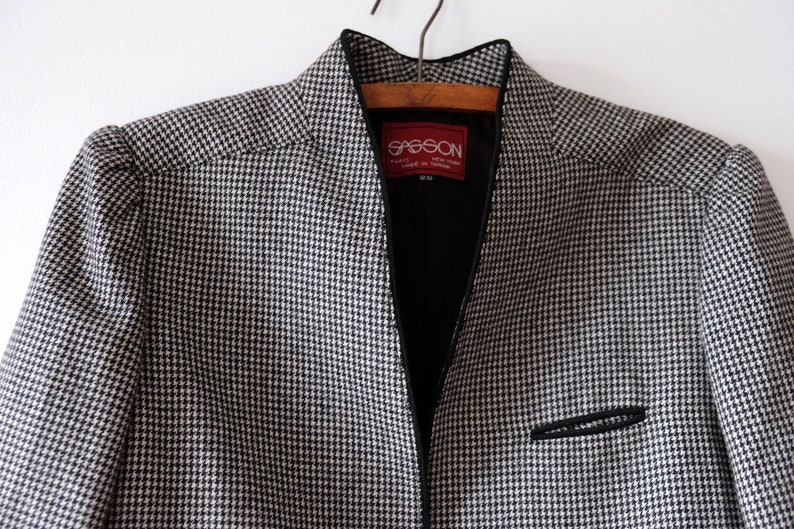 Vintage 80s SASSON Houndstooth Wool Blazer Womens Black & White Houndstooth Jacket Fitted Wool Blazer with Puffed Shoulders image 1