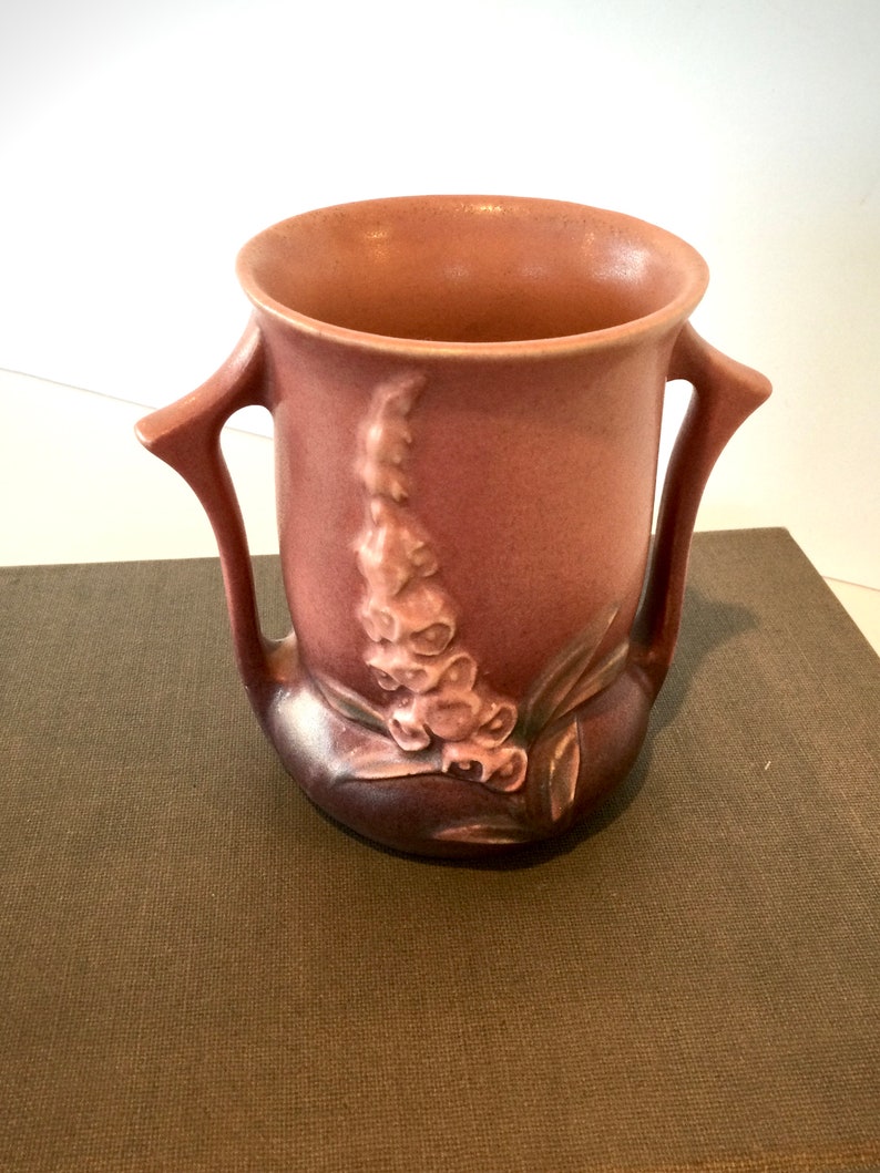 Made in USA. Vintage Dusty Rose Foxglove Patterned Roseville Vase with Two Side Handles