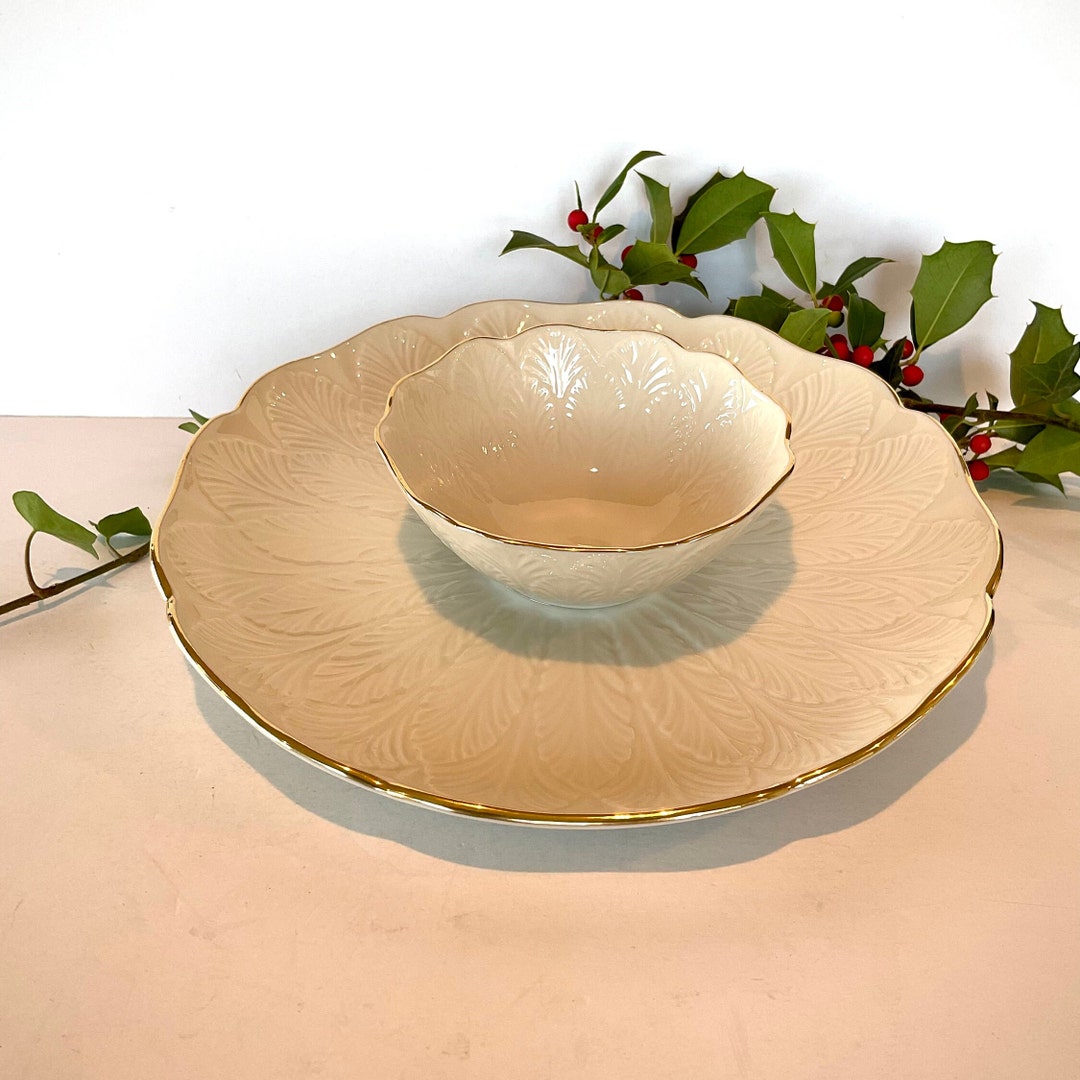 Vintage Ivory Greenfield Collection Lenox One Piece Chip and Dip Dish