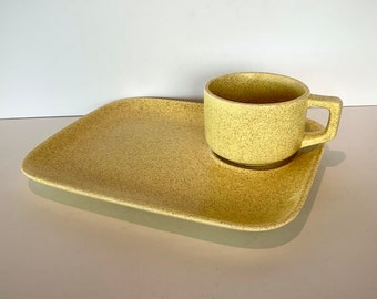 Vintage McCoy Pottery Yellow Speckled Sandwich Tray with Soup Mug Snack Set.