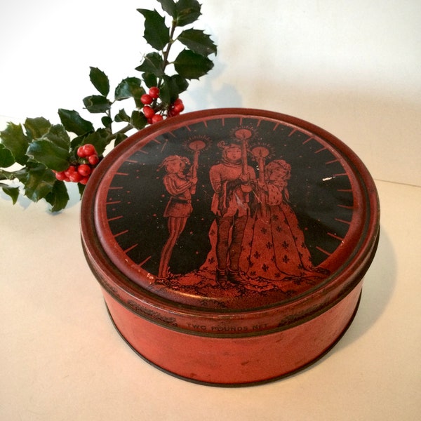 Vintage Loft's Deep Red Enameled Metal Pure Fruitcake Tin with Black Details.