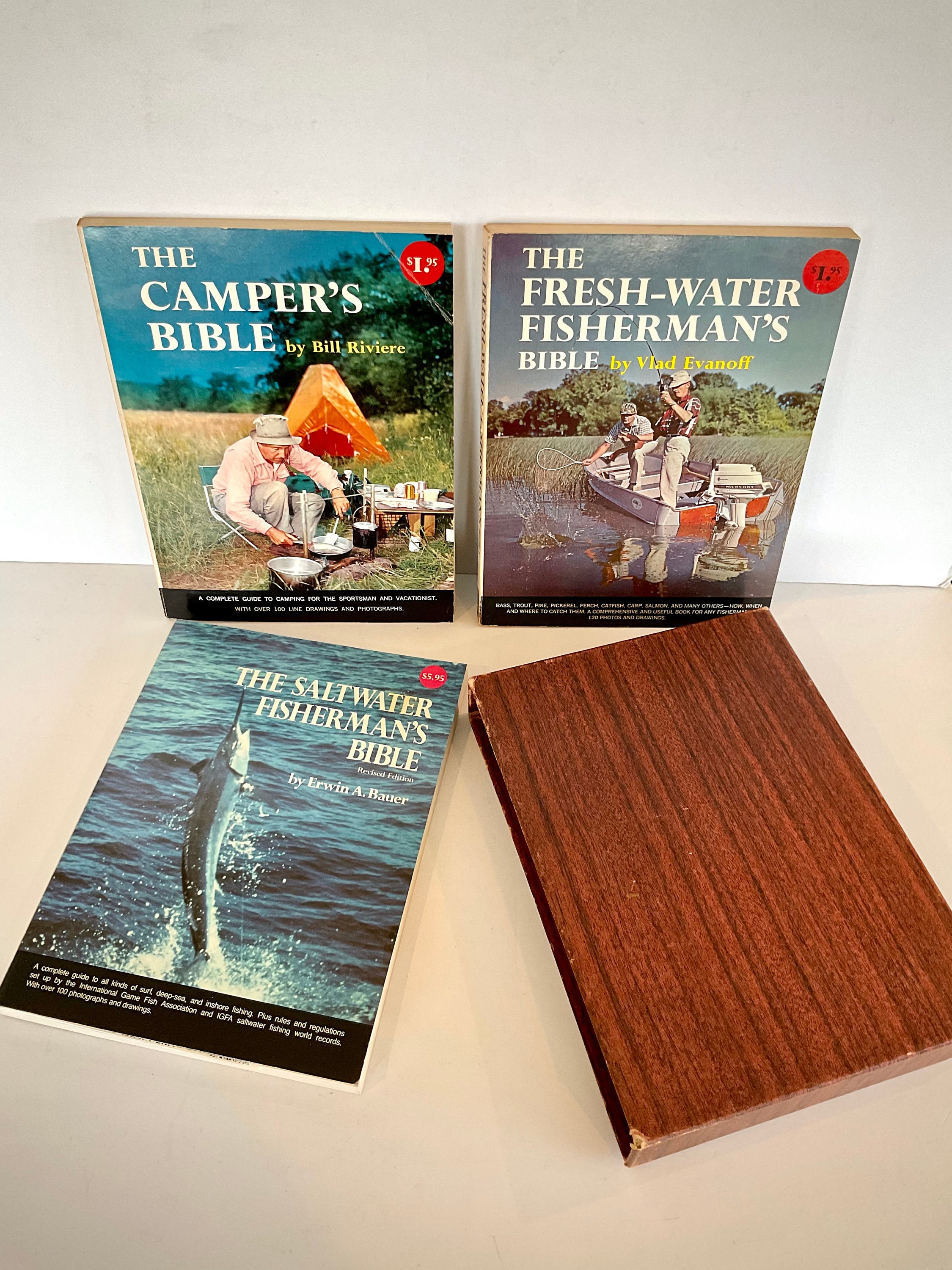 Vintage Doubleday Paperback Book Collection within a Wood Patterned  Cardboard Sleeve Box. Set of Three Camping and Fishing Books.